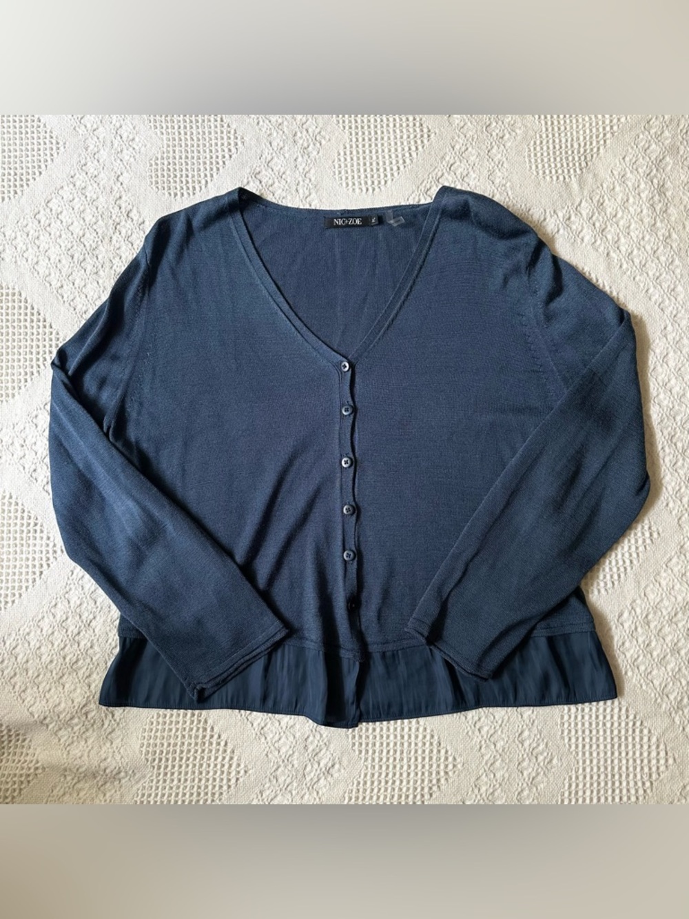 Nic + Zoe Cardigan Sweater Womens Large Petite Blue Silk Blend Peplum Button
